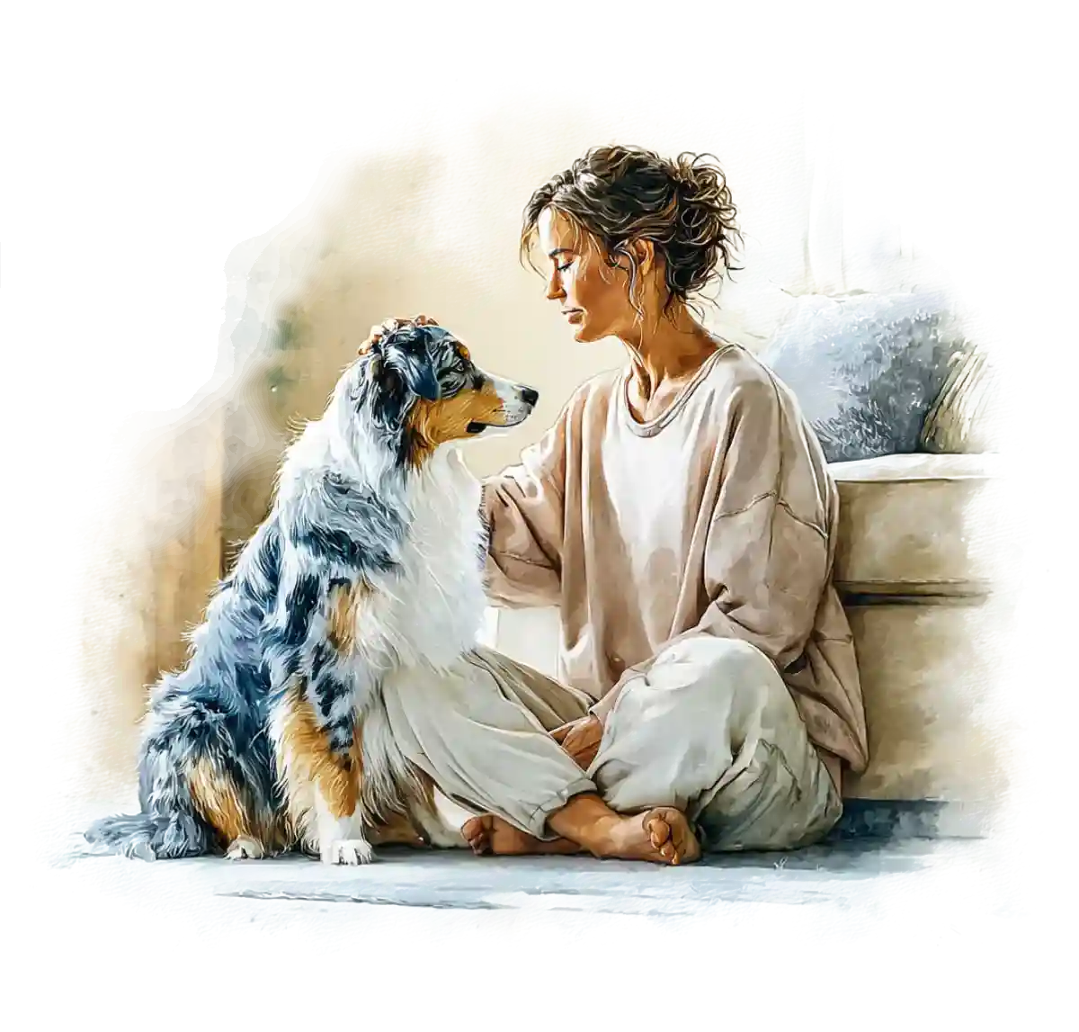 Woman sitting with her Australian Shepherd at home - CodaPet at-home pet euthanasia