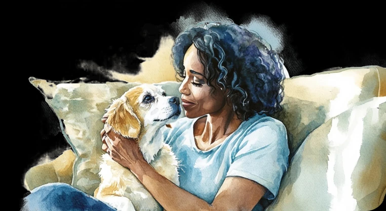 Woman holding her pet dog on a couch