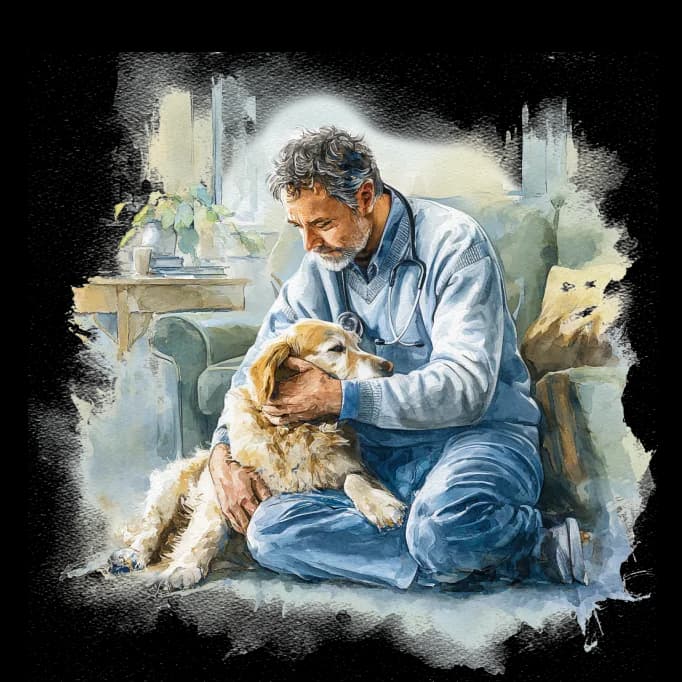 Watercolor illustration of a veterinarian with a golden retriever during a gentle at-home visit